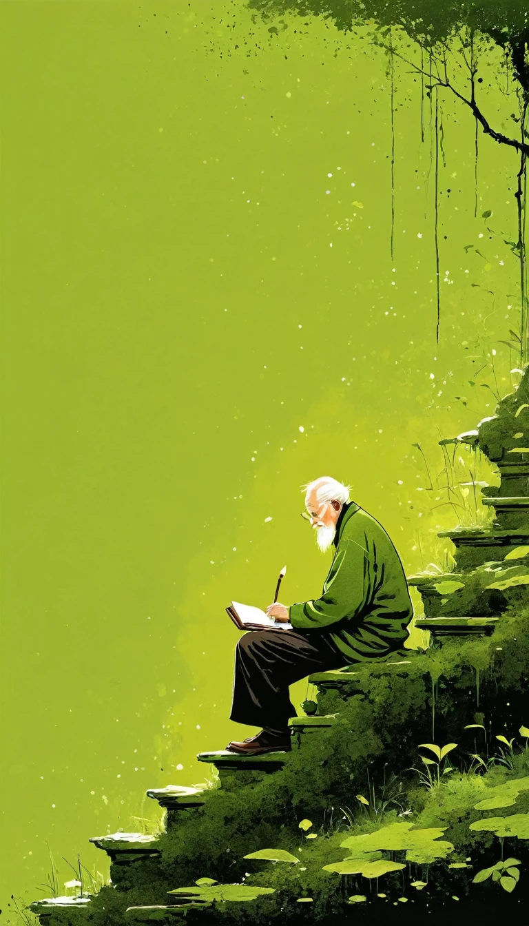 中国水墨画sketch：Light Ink，Lowercase，sketch，artistic conception，Old man on mossy steps，Minimalism，(((Negative Space,Bottom left composition)))