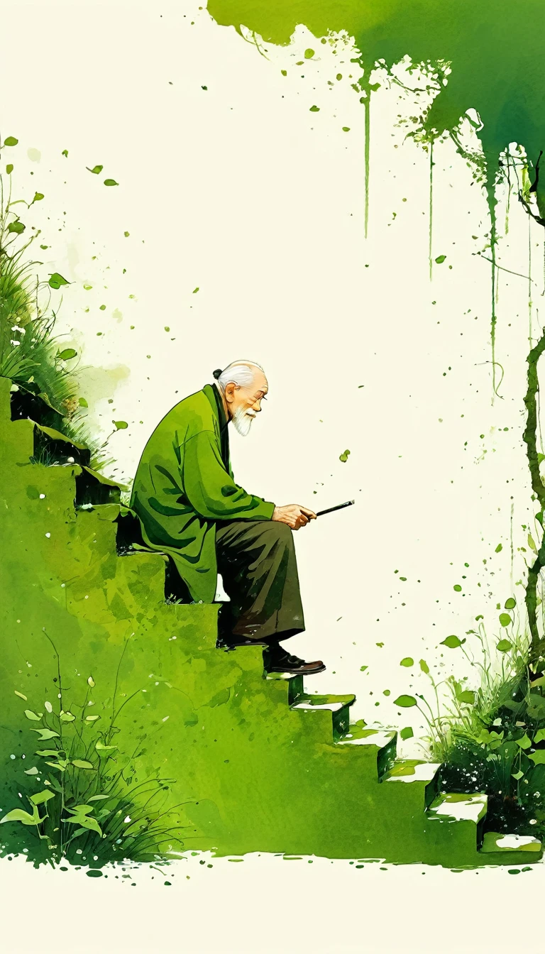 中国水墨画sketch:Light Ink,Lowercase,sketch,artistic conception,Old man on mossy steps,Minimalism,(((Negative Space,Bottom left composition)))