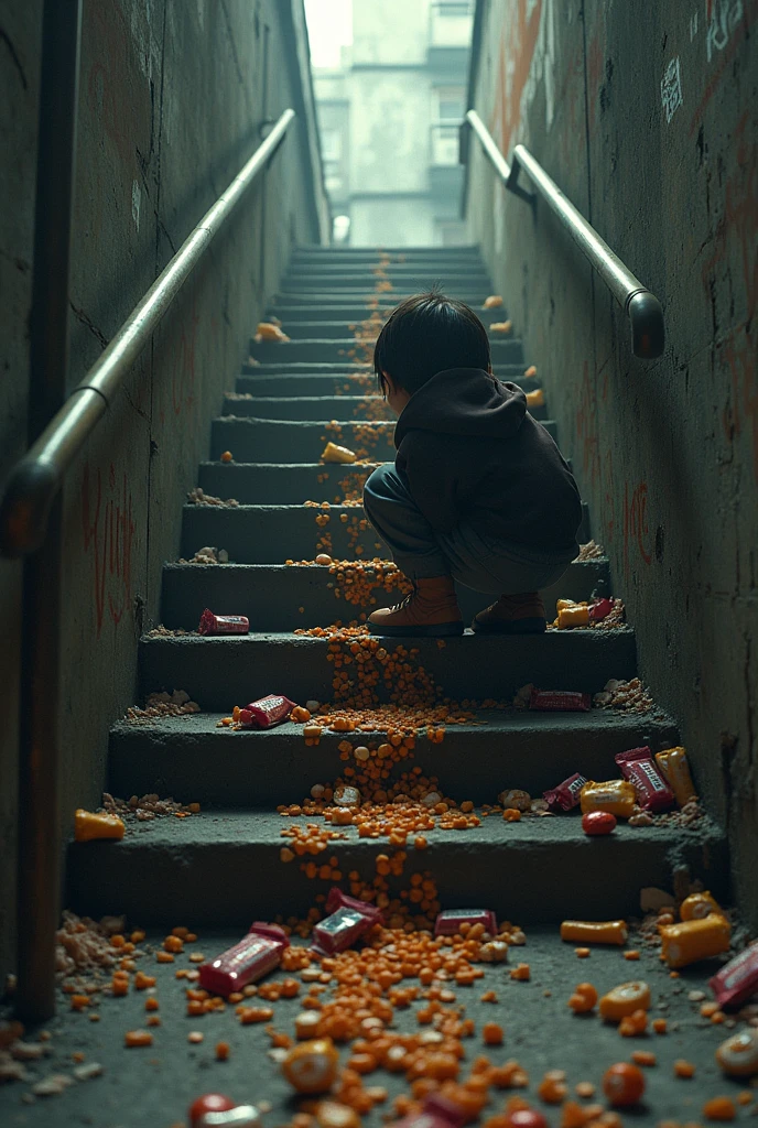 someone crouching following a trail of junk food on some stairs