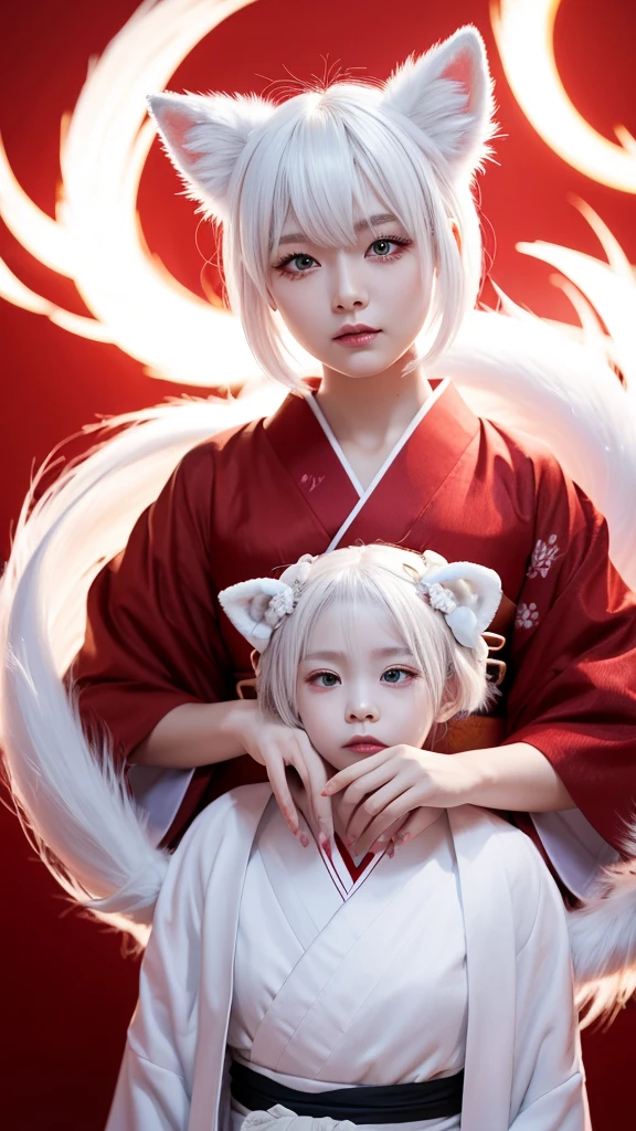 White Demon Fox、Nine-tailed Fox、Japanese women、kimono、Fair skin、Red lines on face、8K、I have white hair、Bobshort hair