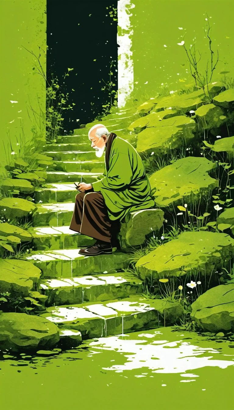 中国水墨画sketch:Light Ink,Lowercase,sketch,artistic conception,Old man on mossy steps,Minimalism,(((Negative Space,Bottom left composition)))