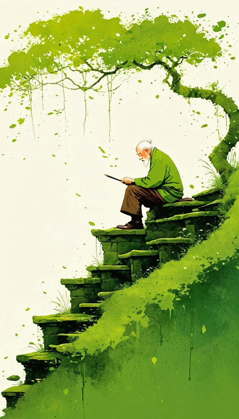 中国水墨画sketch：Light Ink，Lowercase，sketch，artistic conception，Old man on mossy steps，Minimalism，(((Negative Space,Bottom left composition)))