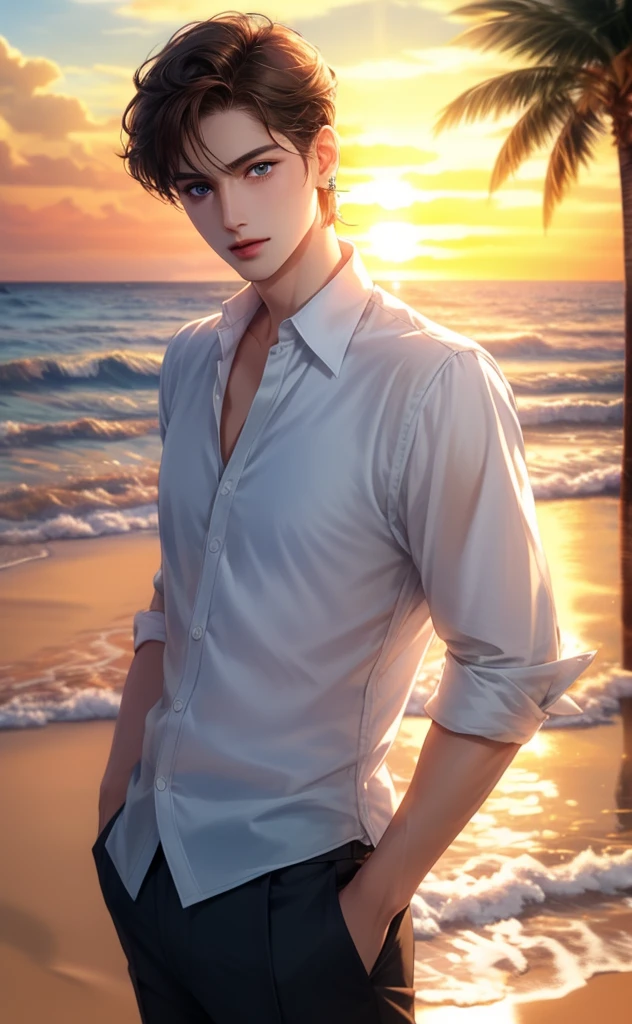 Sunshine-style guy, Short brown hair, blue eyes, Distinctive features, White skin,White shirt buttons only buttoned the bottom 3,black earrings,seaside,sunset