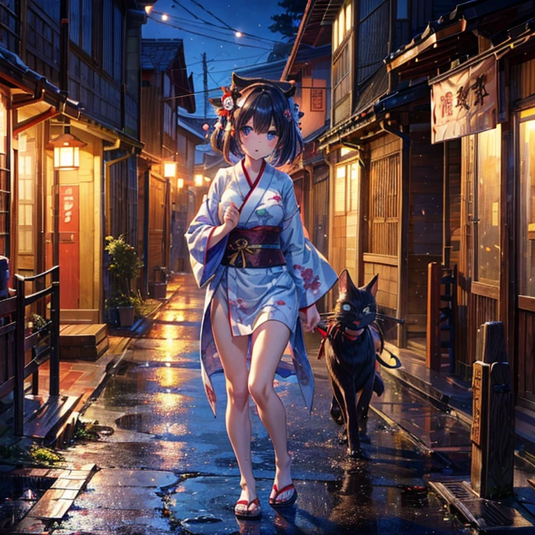 ((youkai girl)), cat girl with tail, in blue and white sensual yukata, walking at night through a village in feudal Japan, ((picture-perfect)), ((face perfect)), ((ultra detaild)), ((fully body)), ((perfectbody)) 