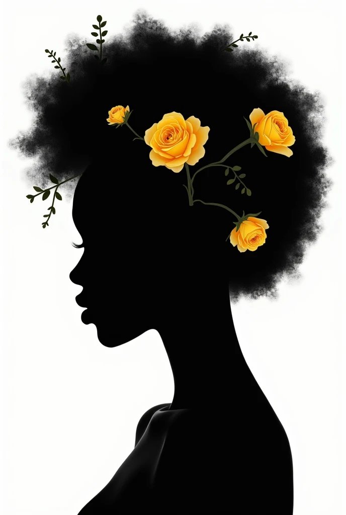 silhouette abstract drawing of a black woman's face in profile, looking serious forward with her curly hair and yellow roses in her hair on her face and the background being totally transparent