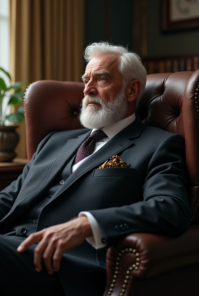 A young looking man in his 40s with white hair and a white beard, blacksad, wearing a suit, sitting in an armchair in a position of power "PENSATIVE" leaning forward