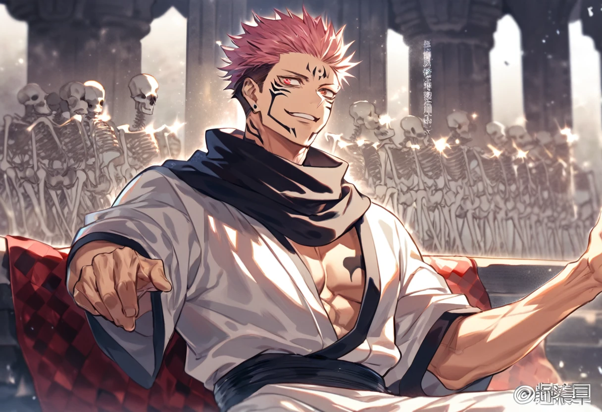 solo, Jujutsu Kaisen, Ryoumen Sukuna, handsome, manly, sexy man, expressive red eyes, pink hair, handsome smile, sadistic, black scarf, white kimono, fantasy, sparkling, sitting skeletons head, demon temple background, UHD, masterpiece, best quality, highres, super detail, anatomically correct, accurate