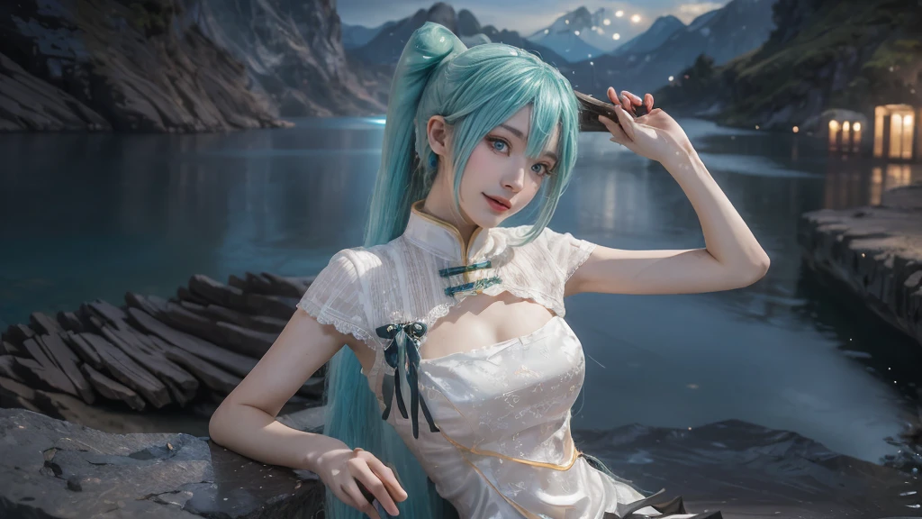 masterpiece,Game Art,Best picture quality,Maximum resolution,8k,(Upper Body),Unreal Engine 5 rendering works,Ray Tracing,RAW photos,(((Hatsune Miku Character))), (((Tosca Hair Color))), ((Long double ponytail hairstyle)), Enjoy the scenery, Focus on the Horizon, (((Perfect eyes))), (((Smile))), 21-year-old girl, Perfect body, (((Perfect anatomical structure))), Tosca Eye Color, Double eyelids, (((Small breasts))), Very detailed skin texture, (Realistic skin), Ultra-fine face, Delicate lips, (((Delicate eyes))), (((Double eyelids))), necklace, Moist skin, Wet hair, Simple background, (Front focus), (On the peaks:1.2), (((Night Atmosphere))), Deep Dark, Surrealist Portraits of Women by David Hockney and Alphonse Mucha, Fantasy Art, (((Photo-realistic))), ((Dynamic poses)), (((World Model Poses))), Dynamic Lighting, Art Station, poster, Volumetric Lighting, Very detailed faces, 4K, in the darkness, (((Night Atmosphere))), ((Deep Shadows)), Low profile, Cowboy shooting, (((Red long skirt))), Lighting Dress, (((Erotic lace dress))), (((stocking))),((3D Unreal Engine)),OC rendering reflection mode