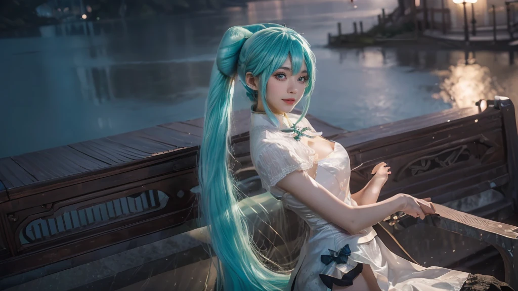 masterpiece,Game Art,Best picture quality,Maximum resolution,8k,(Upper Body),Unreal Engine 5 rendering works,Ray Tracing,RAW photos,(((Hatsune Miku Character))), (((Tosca Hair Color))), ((Long double ponytail hairstyle)), Enjoy the scenery, Focus on the Horizon, (((Perfect eyes))), (((Smile))), 21-year-old girl, Perfect body, (((Perfect anatomical structure))), Tosca Eye Color, Double eyelids, (((Small breasts))), Very detailed skin texture, (Realistic skin), Ultra-fine face, Delicate lips, (((Delicate eyes))), (((Double eyelids))), necklace, Moist skin, Wet hair, Simple background, (Front focus), (On the peaks:1.2), (((Night Atmosphere))), Deep Dark, Surrealist Portraits of Women by David Hockney and Alphonse Mucha, Fantasy Art, (((Photo-realistic))), ((Dynamic poses)), (((World Model Poses))), Dynamic Lighting, Art Station, poster, Volumetric Lighting, Very detailed faces, 4K, in the darkness, (((Night Atmosphere))), ((Deep Shadows)), Low profile, Cowboy shooting, (((Red long skirt))), Lighting Dress, (((Erotic lace dress))), (((stocking))),((3D Unreal Engine)),OC rendering reflection mode