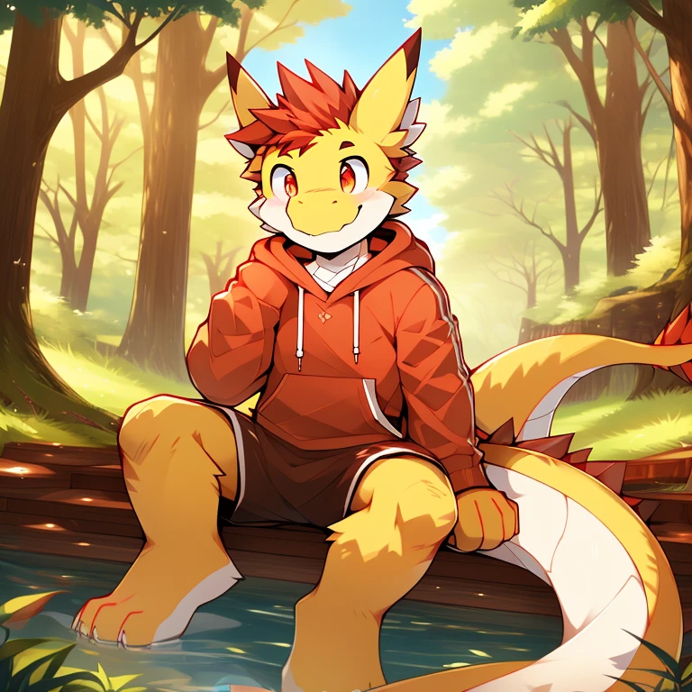 best quality, (masterpiece), (ultra detailed), (high quality), (high resolution), nj5furry, tall handsome sexy yellow dragon, red hair, dragon tail, cute eyes, sitting, hoodie, nature, male, happy, white fur, white body,