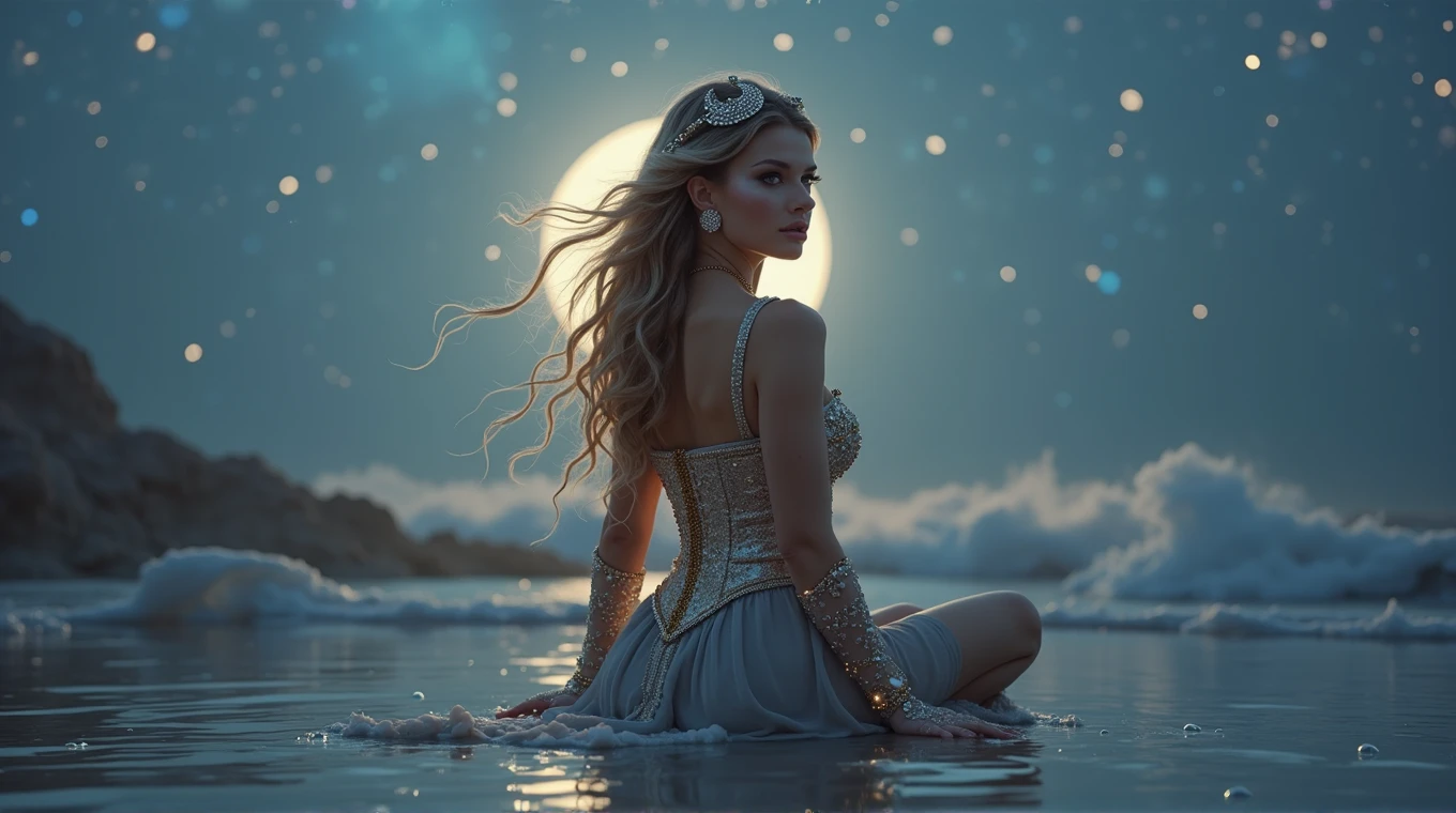 A hyperrealistic and deeply fantastical image of a woman representing the zodiac sign of Cancer sitting sideways on the sand of the beach. The camera focuses on her full body and from the rear right side..  Her hair, long and wavy, it is adorned with pearls and small seashells that reflect the moonlight. She wears a silver dress with a design reminiscent of the waves of the sea, with a corset decorated with details that imitate the claws of a crab, subtly intertwined with golden threads that shine like sand under the sun. Her makeup is mystical, with eyeshadow that recreates a nocturnal ocean, with sparkles of stars and lunar reflections, while her lips have a soft pearly sheen that evokes the reflected light in the water. 

In your head, a crescent moon-shaped tiara made of crystals that change color according to the light, reinforcing the connection with the moon and tides. In your hands, transparent gloves decorated with seaweed and bubble motifs, that extend to her elbows.

The background is an ocean under the light of a bright full moon, with waves that seem to be suspended in time, shining with ethereal lights. Around the woman, The sky is full of shooting stars and constellations forming mystical patterns.. The scene is enveloped in a luminous mist that connects the sky with the sea, creating a dreamlike and magical atmosphere. Everything in the image, from the colors to the composition, it is designed to capture the aquatic essence, emotional and protective of Cancer, while the fantasy effects make the scene spectacular and unique, as if it were the work of a photographer of magical worlds.