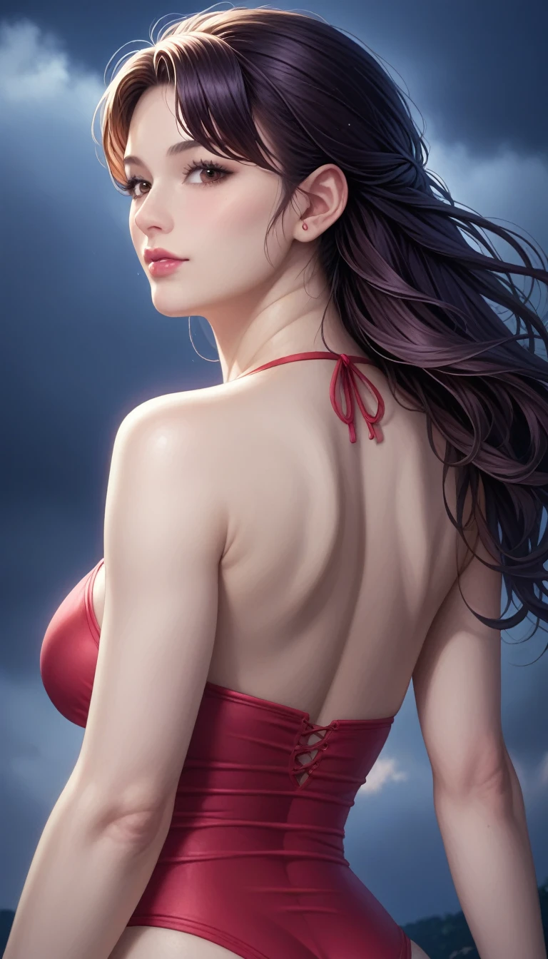 score_9, score_8_superior, score_7_superior, High-resolution CG illustration,A masterpiece in 32K resolution,Highest quality,it is really amazing,Very detailed,Ultra-high resolution,Ultra-realistic,Realistic,Increased depth of field,Cinematic lighting,
Sexy mature Japan woman,
Straight long hair with black hair,Ultra-detailed and beautiful face,Calm and gentle look,Beautiful brown eyes,Translucent white skin,Realistic skin texture,Great proportions,
Elegant red swimsuit,
Simple design,Chic color scheme based on red,Detailed fabric texture,
(Dark overcast sky on a dull night:1.1),(Dark clouds filling the sky:1.1),Thundercloud,Coastline at night,Stormy seas,delay々A desolate sandy beach that continues,
Shapely ass,Beautiful back view,Cinematic,