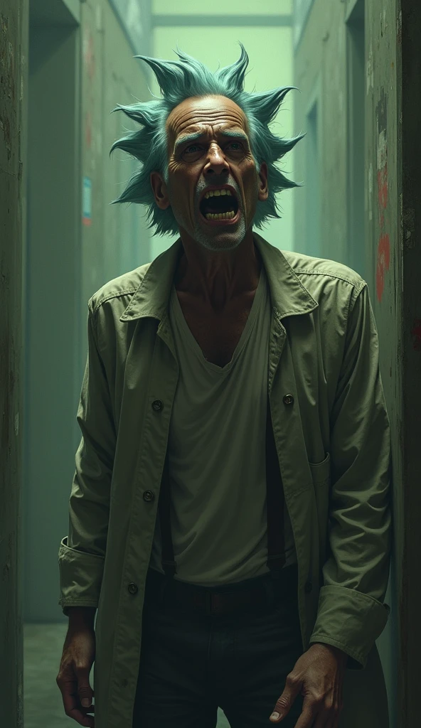 A Rick all messed up like he's talking to someone and with the panic mask