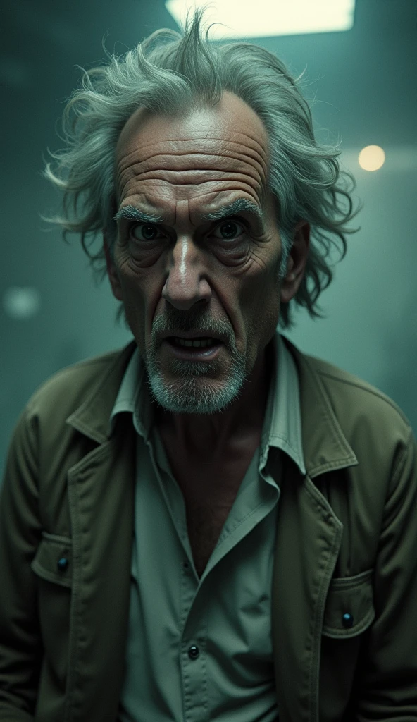 A Rick all messed up like he's talking to someone and with the panic mask