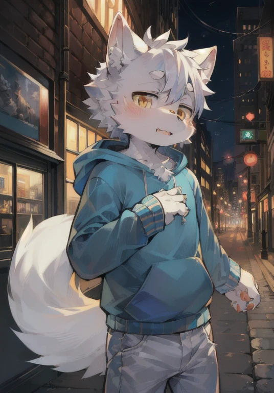 hairy,,hairy,Gray fur,male,Canine,arctic fox,individual,Sharp claws, Fine fur, Gold Eyes,hairy的尾巴,Blue sweatshirt,White jeans,Ultra Detailed:1.0,City Streets,Detailed background,boy,Toddler,(by Dagasi:1.1),Anatomically correct