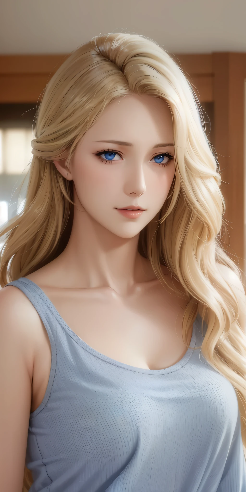Elegant mature woman, milf, blue eyes, blonde hair, bangs, soft light, 4k resolution, high quality, beautiful cg