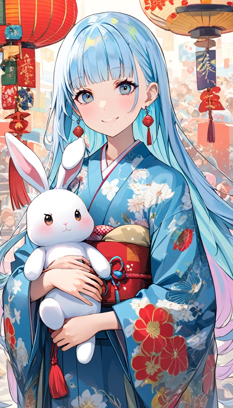 masterpiece, best quality, extremely detailed, (illustration, official art:1.1), 1 girl ,(((( light blue long hair)))), ,(((( light blue long hair)))),light blue hair, , long hair ((blush)) , cute face, big eyes, masterpiece, best quality,(((((a very delicate and beautiful girl))))),Amazing,beautiful detailed eyes,blunt bangs((((little delicate girl)))),tareme(true beautiful:1.2), sense of depth,dynamic angle,,,, affectionate smile, (true beautiful:1.2),,(tiny 1girl model:1.2),)(flat chest) 、，an extremely delicate and beautiful,Beautiful and realistic skin,Shiny jewel-like earrings,Long colorful hair,beautiful eyes,whole body,head to toe,beautiful regs,beautiful Traditional Japanese Happi coat,summer festival 、( Cute stuffed rabbit, )
