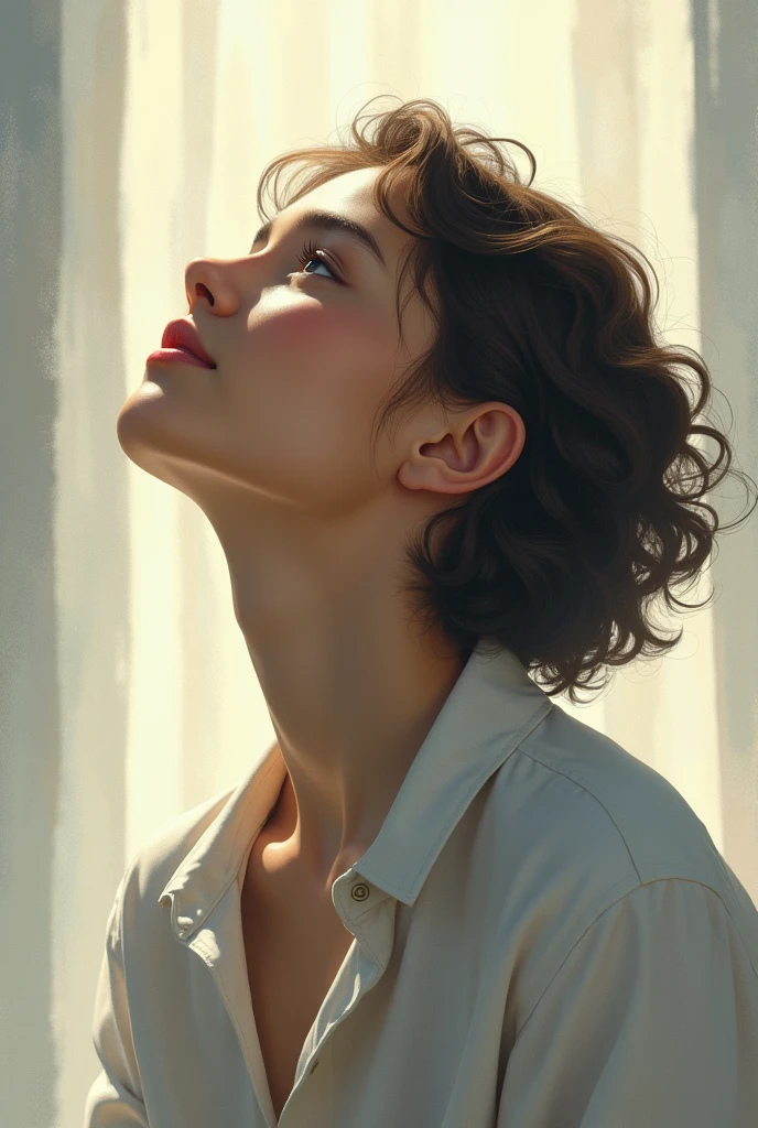 a person looking up with a peaceful expression, feeling comforted.