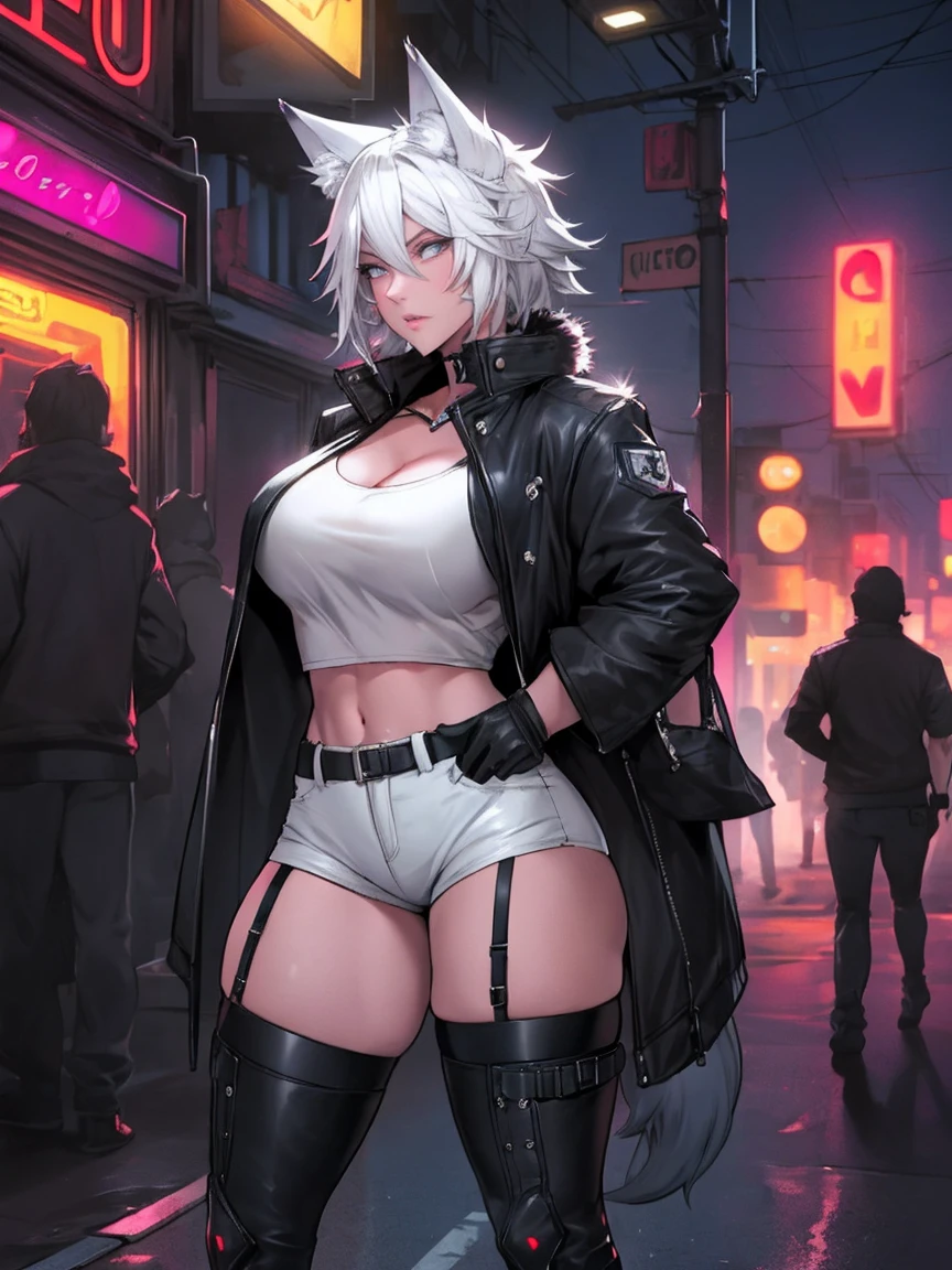 Single girl, Anime tomboy, Short, Long white hair, wolf ears, wolf tail, dark blue eyes, thigh high fishnets, black combat boots, wearing fur lined open jacket, short jacket, nude, solo tomboy, only one female ((big breasts)) solo, alone, (SOLO)(ALONE) thicc thighs, wide hips, blue eyes, perfect eyes, perfect face, full lips,white shirt, midriff, black cutoff shorts, perfect detailed face, (prostitution), (((prostitute))), standing, (redlight district), neon lights, bilboards, outside a brothel, cleavage,