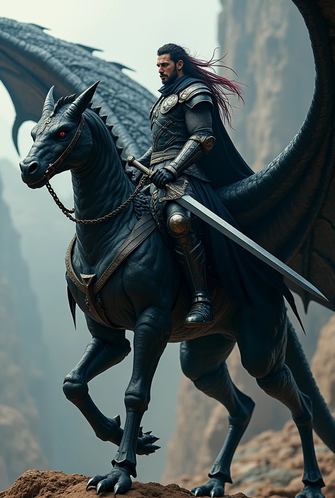 ((best qualityer)), ((work of art)), (detailded), a great warrior, with black armor and black sword, his hair has black and red streaks. He's a warrior with a robust appearance and indescribable beauty, He's wielding his black blade sword. he is on top of his dragon, a giant beast with 4 legs and huge wings that resembles sapphire from the movie Eragon.
