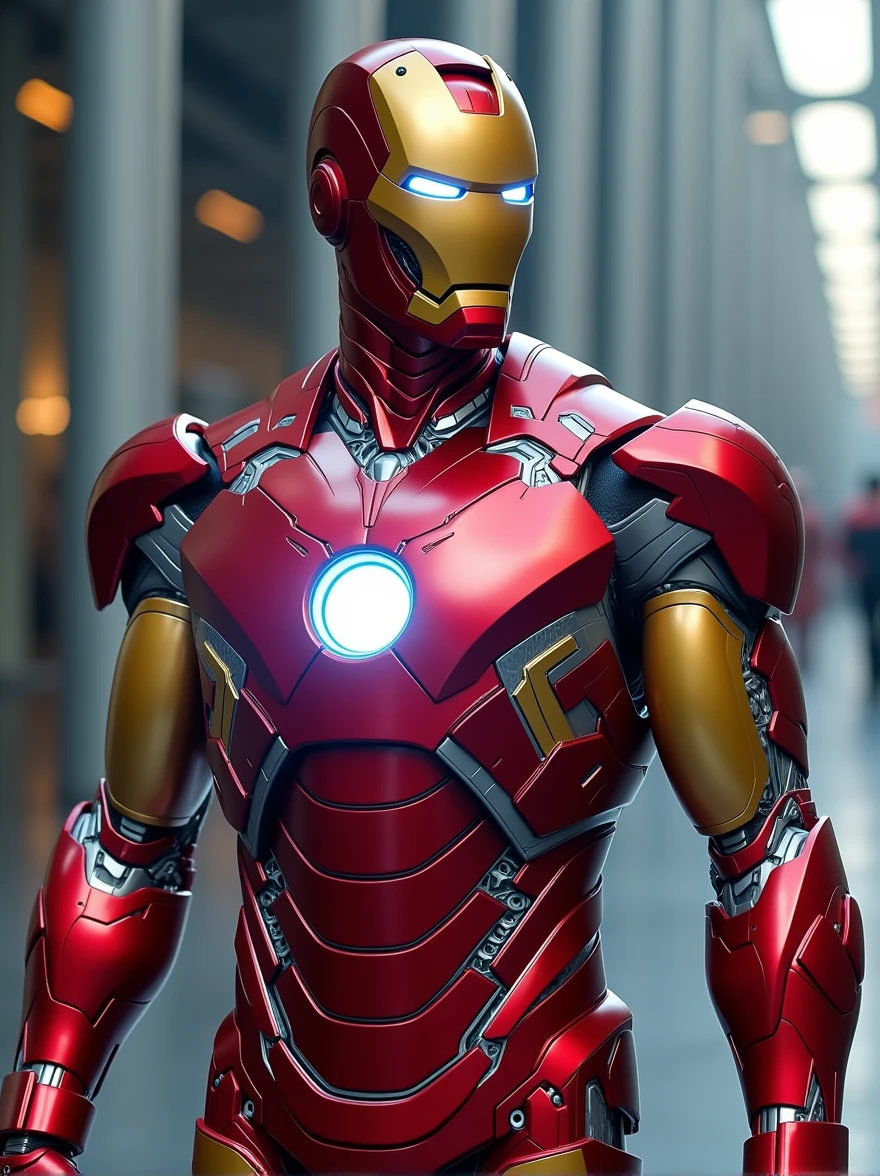 A man wearing an Iron Man suit with a unique twist: the Arc Reactor on his chest is a hybrid design combining Tony Stark's Arc Reactor and the Flux Capacitor from the DeLorean in 'Back to the Future.' The suit is colored in vibrant red and gold, with the chest piece glowing brightly. The background is a futuristic setting, enhancing the advanced technology of the suit