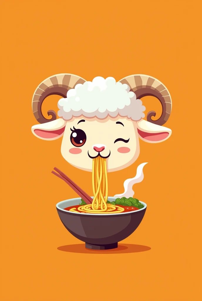 Floating head logo of a lamb eating ramen, in a sideways direction, With horns, winking, on an orange background