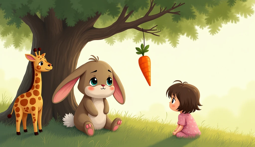 A sad cartoon bunny sits under a tree and imagines a carrot, A plush giraffe toy and a small cartoon girl in pink pajamas are looking at him.