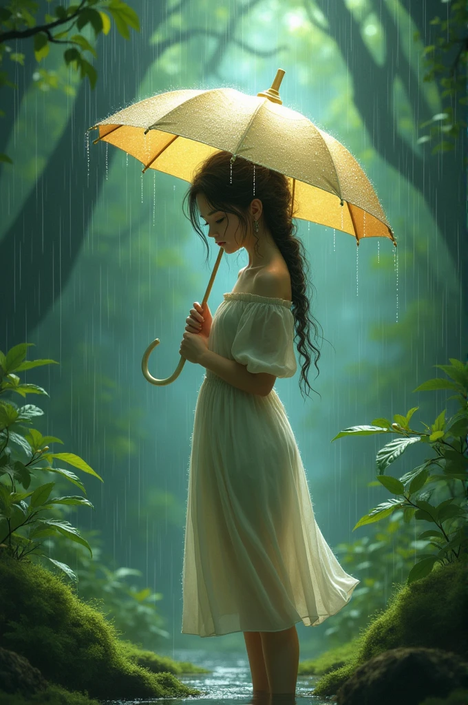 A girl with umbrella rain in the green forest