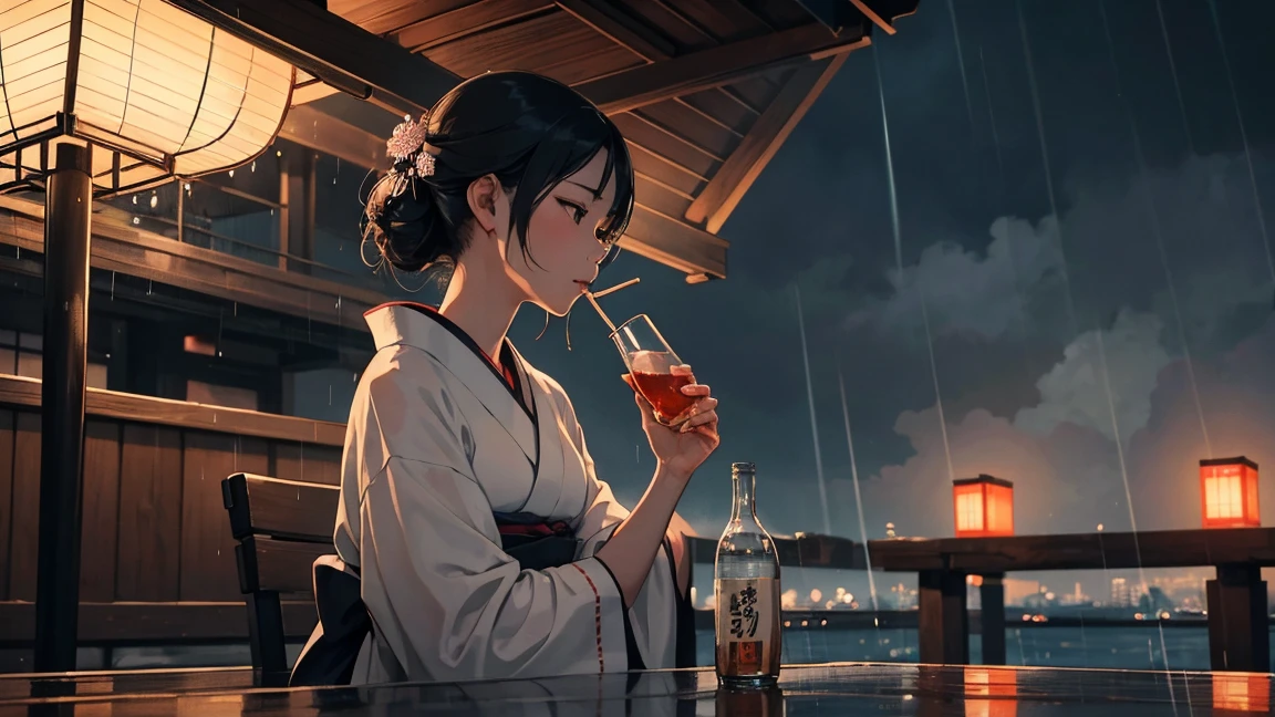 A woman in a kimono is sitting at a table on the deck of a ship,Outside, the rain is falling quietly A woman is quietly watching the rain with a gentle face and drinking a clear drink from a rocks glass. In the bottle on the table &References;Shochu.&References; Like Ukiyo-e Thin ink lines Ink Style Fine ink illustrations