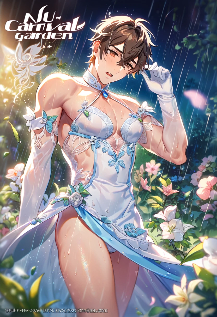 absurdres, highres, ultra detailed, HDR, master piece, best quality, extremely detailed, detailed eyes, Eiden, brown hair, expressive brown eyes, Nu Carnival, solo, sexy man, handsome, horny, lewd, fantasy, accessories, light-blue dress, long white gloves, Cinderella, spring, flowers, green leaves, magical garden, white fantasy, rain, night