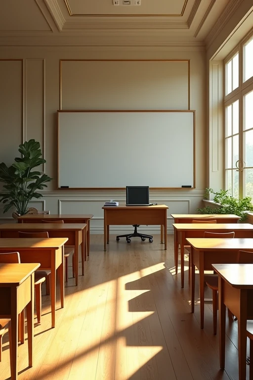 A luxurious classroom with desks lined up, a teacher's desk at the front, and a whiteboard with some notes. Soft afternoon light streams in through the windows, casting long shadows on the floor. The room feels calm after a busy day. Realista,cinematic, 8k