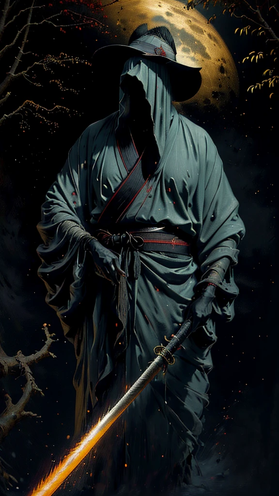 a dark and majestic samurai warrior standing in the rain, wearing a traditional Japanese bamboo hat(kasa) and a black kimono with fluorescent red stripes glistening in the moonlight, holding a sharp and unsheathed samurai sword(katana), surrounded by a dense forest scenery with artificial raindrops falling, under a full moon shining brightly in the night sky, (best quality,ultra-detailed,realistic,photorealistic,photo-realistic:1.37),extremely detailed,masterpiece,high resolution,cinematic lighting,dramatic composition,stunning colors,natural environment,dramatic atmosphere