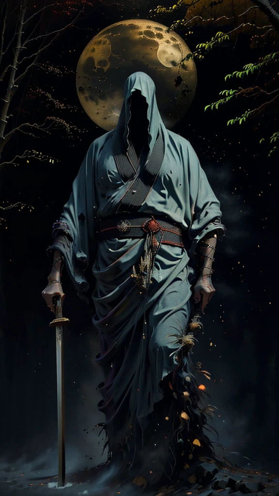 a dark and majestic samurai warrior standing in the rain, wearing a traditional Japanese bamboo hat(kasa) and a black kimono with fluorescent red stripes glistening in the moonlight, holding a sharp and unsheathed samurai sword(katana), surrounded by a dense forest scenery with artificial raindrops falling, under a full moon shining brightly in the night sky, (best quality,ultra-detailed,realistic,photorealistic,photo-realistic:1.37),extremely detailed,masterpiece,high resolution,cinematic lighting,dramatic composition,stunning colors,natural environment,dramatic atmosphere