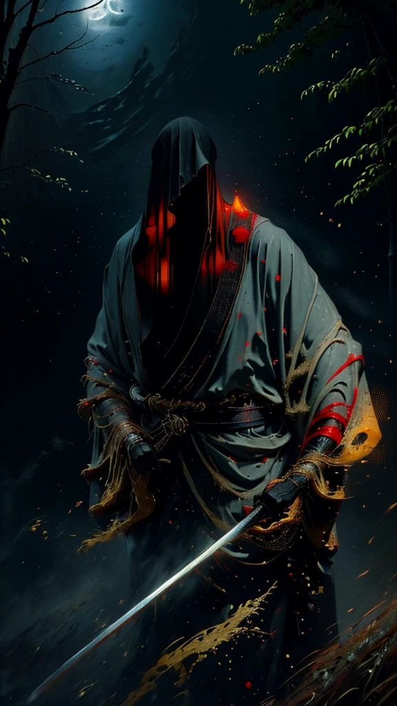 a dark and majestic samurai warrior standing in the rain, wearing a traditional Japanese bamboo hat(kasa) and a black kimono with fluorescent red stripes glistening in the moonlight, holding a sharp and unsheathed samurai sword(katana), surrounded by a dense forest scenery with artificial raindrops falling, under a full moon shining brightly in the night sky, (best quality,ultra-detailed,realistic,photorealistic,photo-realistic:1.37),extremely detailed,masterpiece,high resolution,cinematic lighting,dramatic composition,stunning colors,natural environment,dramatic atmosphere