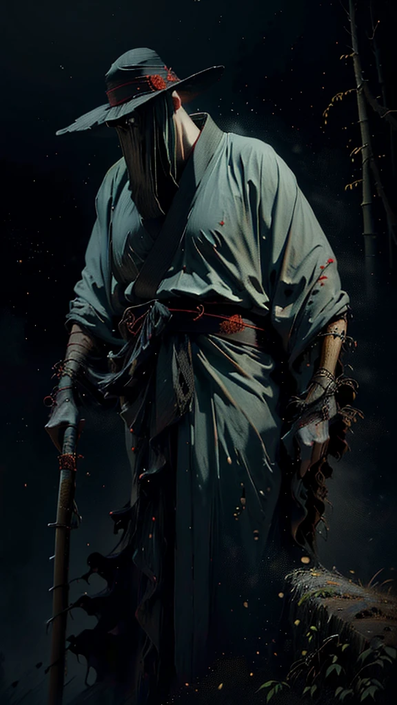 a dark and majestic samurai warrior standing in the rain, wearing a traditional Japanese bamboo hat(kasa) and a black kimono with fluorescent red stripes glistening in the moonlight, holding a sharp and unsheathed samurai sword(katana), surrounded by a dense forest scenery with artificial raindrops falling, under a full moon shining brightly in the night sky, (best quality,ultra-detailed,realistic,photorealistic,photo-realistic:1.37),extremely detailed,masterpiece,high resolution,cinematic lighting,dramatic composition,stunning colors,natural environment,dramatic atmosphere
