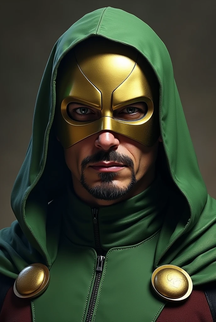 tony dtark's face in dr. doom's costume