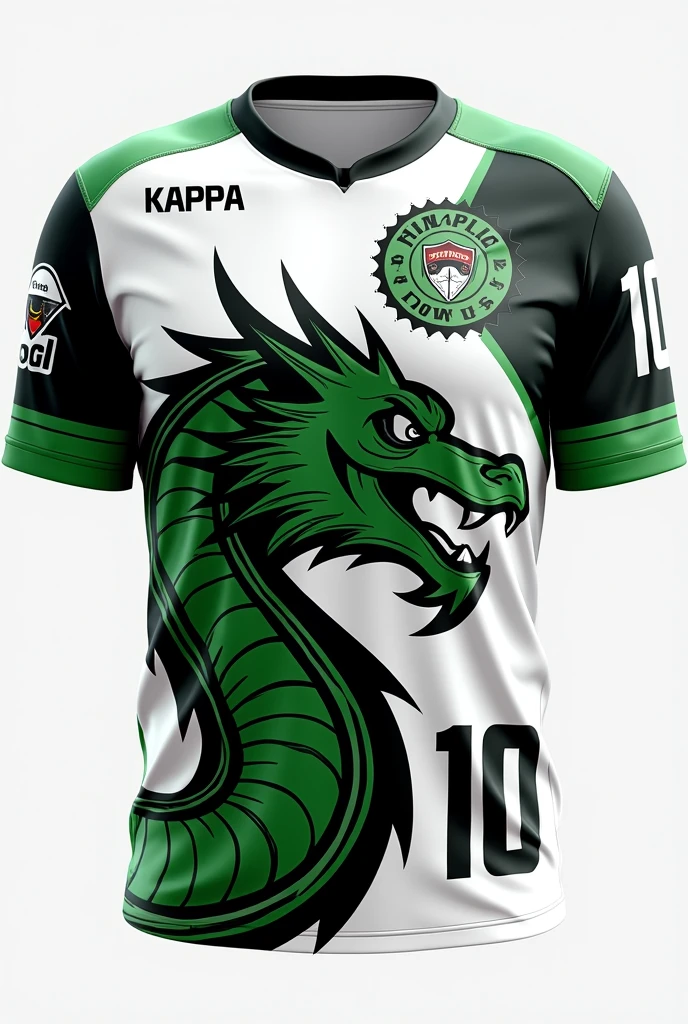 The shirt is white with green and black details. The dragon is located on the front, On the left side, occupying a large part of the chest. the number "10" appears on the back and on the lower right front. There is space for the player's name above the number on the back. The shirt also has the Kappa logo on the sleeves and chest, Beyond the symbol "Crows" on the right side of the chest.

