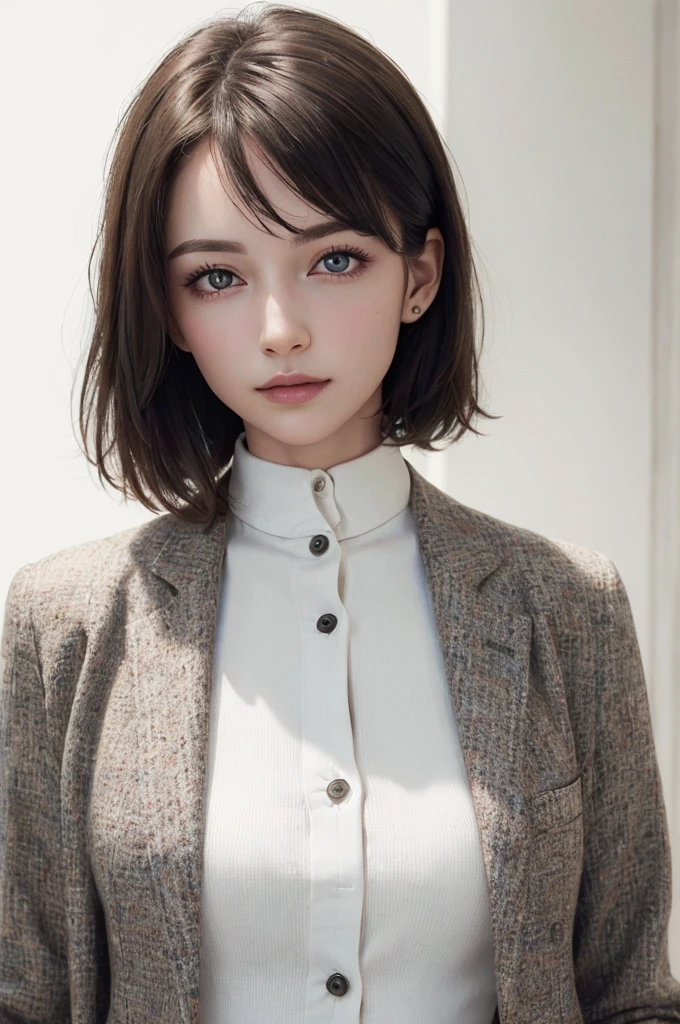 8K Ultra HD、RAWphotograph、モデルphotograph撮影、 European Fashion、(masterpiece、Highest quality、Realistic、High resolution、photograph:1.3)、close、focus on、Hot Model、slim、30 year old mature woman、Small face、No makeup、short hair、Beautiful dark brown Hayne eyes、Genuineスキン、(Perfect body)、Sexy hot face、sexual sight、slim、Tweed jacket、Long sleeve、High neck shirt、Button up,Beautiful eyes in every detail、Glossy lips、((Bright light、Dynamic Lighting、Genuine、超Genuine、 realism、Genuineなディテール、Cool Beauty、Cool pose、Background white、Plain white background