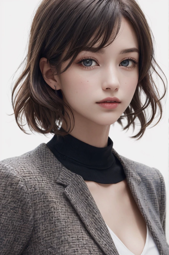 8K Ultra HD、RAWphotograph、モデルphotograph撮影、 European Fashion、(masterpiece、Highest quality、Realistic、High resolution、photograph:1.3)、close、focus on、Hot Model、slim、30 year old mature woman、Small face、No makeup、short hair、Beautiful dark brown Hayne eyes、Genuineスキン、(Perfect body)、Sexy hot face、sexual sight、slim、Tweed jacket、Long sleeve、High neck shirt、Button up,Beautiful eyes in every detail、Glossy lips、((Bright light、Dynamic Lighting、Genuine、超Genuine、 realism、Genuineなディテール、Cool Beauty、Cool pose、Background white、Plain white background