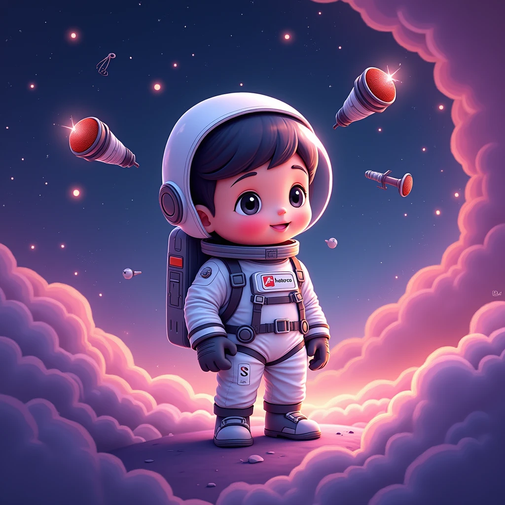 little human astronaut avatar voiceover artist in galxay with voiceover elements surrounding doodles with purple background in galaxy