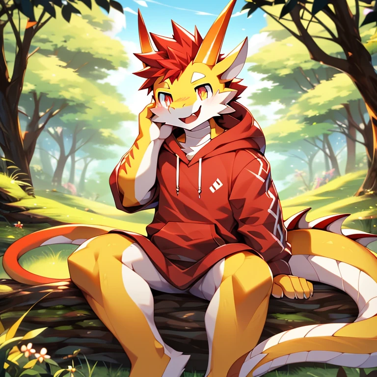 best quality, (masterpiece), (ultra detailed), (high quality), (high resolution), nj5furry, tall handsome sexy yellow dragon, red hair, dragon tail, cute eyes, sitting, hoodie, nature, male, happy, white fur, white body,