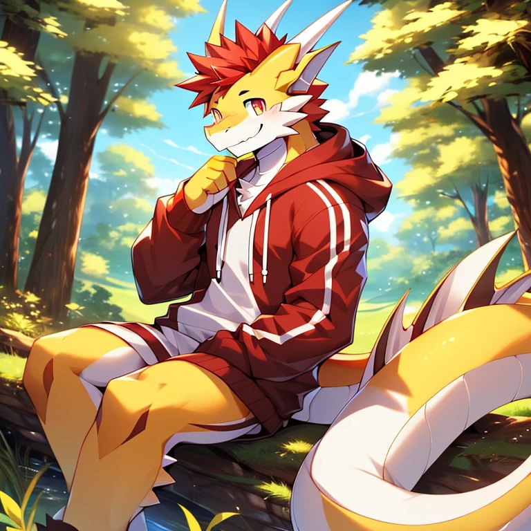 best quality, (masterpiece), (ultra detailed), (high quality), (high resolution), nj5furry, tall handsome sexy yellow dragon, red hair, dragon tail, cute eyes, sitting, hoodie, nature, male, happy, white fur, white body,