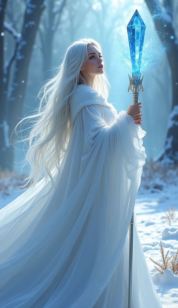 (((pretty ice scorceress))) ((crystal ice staff))((magical white crystal robes)) gorgeous, alluring, playful, whimsical (((long straight platinum hair,)) Intricate, hyperdetailed, ((magical ice castle forest)) insanely detailed fantasy, HDR ((dnd)) (pure face) perfect features, (bright sunlight and shadows) charming, epic colors, fantasy, ((skyrim)) hyperrealism, snow, hyper detailed, Jean Baptiste Monge, Carne Griffiths, Michael Garmash, seb mckinnon 