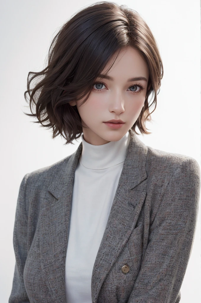 8K Ultra HD、RAWphotograph、モデルphotograph撮影、 European Fashion、(masterpiece、Highest quality、Realistic、High resolution、photograph:1.3)、close、focus on、Hot Model、slim、30 year old mature woman、Small face、No makeup、short hair、Beautiful dark brown Hayne eyes、Genuineスキン、(Perfect body)、Sexy hot face、sexual sight、slim、Tweed jacket、Long sleeve、High neck shirt、Button up,Beautiful eyes in every detail、Glossy lips、((Bright light、Dynamic Lighting、Genuine、超Genuine、 realism、Genuineなディテール、Cool Beauty、Cool pose、Background white、Plain white background