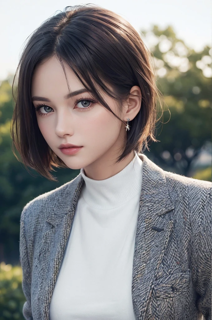 8K Ultra HD、RAWphotograph、モデルphotograph撮影、 European Fashion、(masterpiece、Highest quality、Realistic、High resolution、photograph:1.3)、close、focus on、Hot Model、slim、30 year old mature woman、Small face、No makeup、short hair、Beautiful dark brown Hayne eyes、Genuineスキン、(Perfect body)、Sexy hot face、sexual sight、slim、Tweed jacket、Long sleeve、High neck shirt、Button up,Beautiful eyes in every detail、Glossy lips、((Bright light、Dynamic Lighting、Genuine、超Genuine、 realism、Genuineなディテール、Cool Beauty、Cool pose、Background white、Plain white background