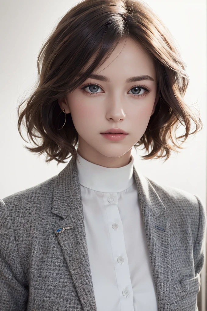 8K Ultra HD、RAWphotograph、モデルphotograph撮影、 European Fashion、(masterpiece、Highest quality、Realistic、High resolution、photograph:1.3)、close、focus on、Hot Model、slim、30 year old mature woman、Small face、No makeup、short hair、Beautiful dark brown Hayne eyes、Genuineスキン、(Perfect body)、Sexy hot face、sexual sight、slim、Tweed jacket、Long sleeve、High neck shirt、Button up,Beautiful eyes in every detail、Glossy lips、((Bright light、Dynamic Lighting、Genuine、超Genuine、 realism、Genuineなディテール、Cool Beauty、Cool pose、Background white、Plain white background