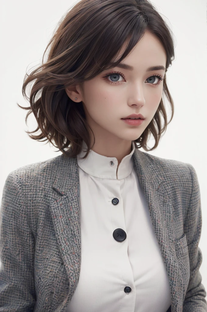 8K Ultra HD、RAWphotograph、モデルphotograph撮影、 European Fashion、(masterpiece、Highest quality、Realistic、High resolution、photograph:1.3)、close、focus on、Hot Model、slim、30 year old mature woman、Small face、No makeup、short hair、Beautiful dark brown Hayne eyes、Genuineスキン、(Perfect body)、Sexy hot face、sexual sight、slim、Tweed jacket、Long sleeve、High neck shirt、Button up,Beautiful eyes in every detail、Glossy lips、((Bright light、Dynamic Lighting、Genuine、超Genuine、 realism、Genuineなディテール、Cool Beauty、Cool pose、Background white、Plain white background