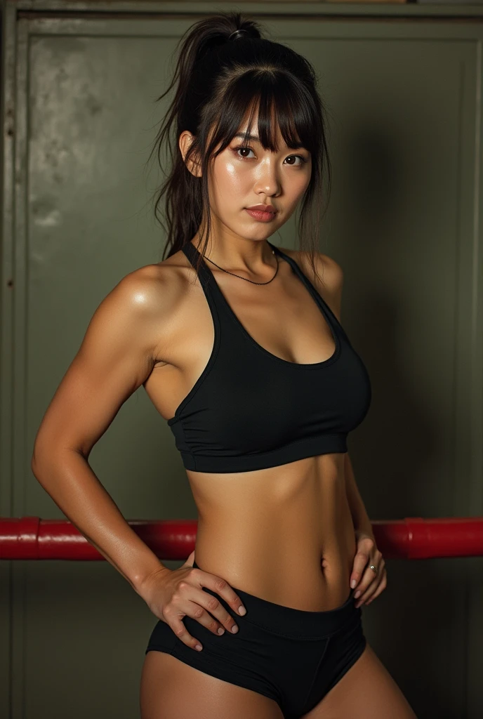 analog film photo, photo of a street fighter, female, amber eyes, ponytail with shaggy bangs, tan complexion, Japanese ethnicity, beautiful face, natural beauty, sharp facial features, Amazonian stature, toned hourglass figure, muscular, busty bosom, full wide hips, plump round buttocks, wearing an athletic top and spandex shorts, posing in an underground fight club, sweaty skin, damp clothes, RAW Photograph, dslr, soft lighting, high quality, film grain, Fujifilm XT3, detailed skin with visible pores, insane details, masterpiece, 8k, 35mm photograph, dslr, kodachrome, faded film, desaturated, grainy, vintage, Lomography, stained, highly detailed, found footage, full-body shot