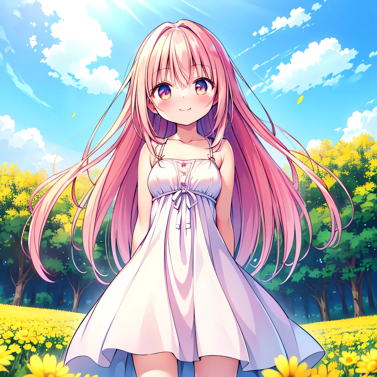 (masterpiece,Highest quality,Ultra-high resolution),((Perfect Face, Beautiful face、Perfect body)),((Standing posture、arms behind back))、((White dress))、Long Hair、Pink Hair、((embarrassed:1.1、smile、blush、Open your mouth)、Big Breasts、Angle from below:1.3、A field of small yellow flowers、Flat ground、Wide sky、noon