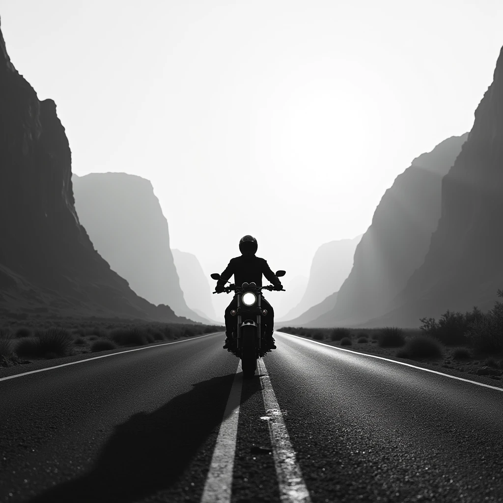 Create a black and white image of a lone motorcyclist with a landscape background.